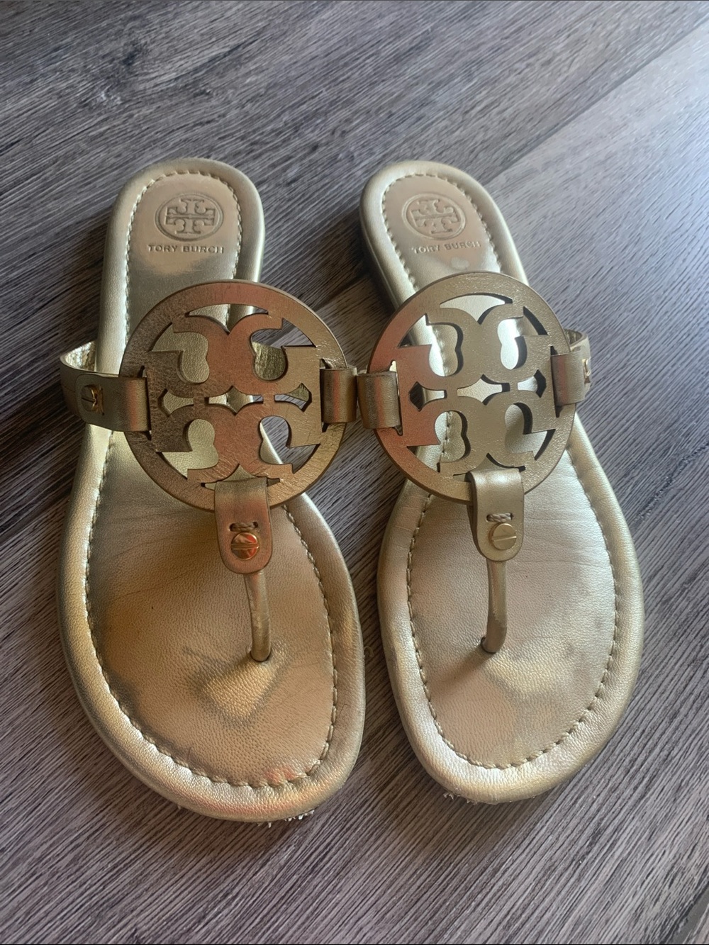 Tory Burch Gold Metallic Logo Thong Sandals